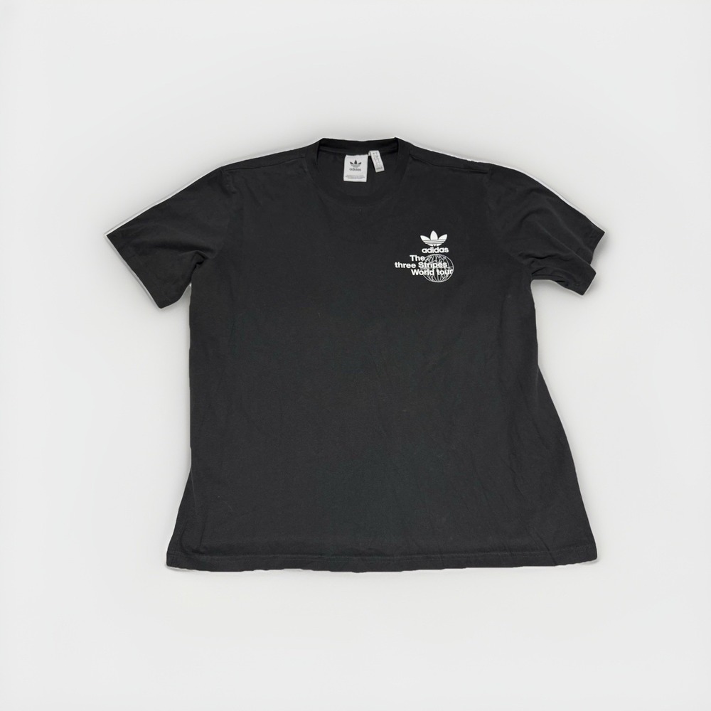 Adidas The Three Stripes World Tour Black Graphic T Shirt Men's Large